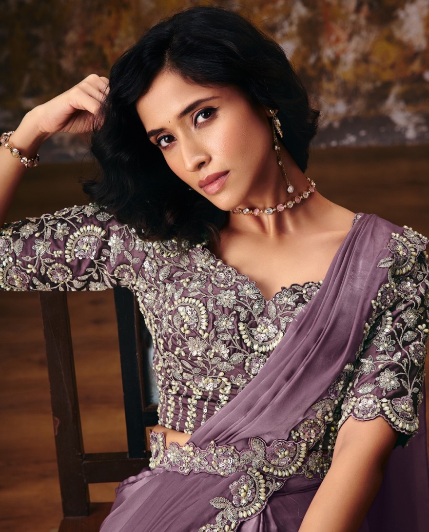 27109 - Lavender Embroidered Wedding Party Designer Saree
